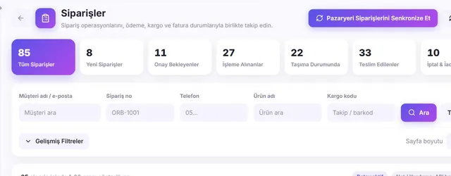 Orbitex Admin Panel order list screen; synchronizing marketplace orders and channel-based order tracking