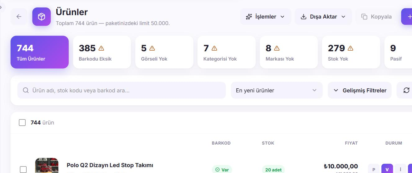 Orbitex Yönetim Paneli ürün listesi ekranı; stok, fiyat ve görsel eksiklerinin otomatik tespiti